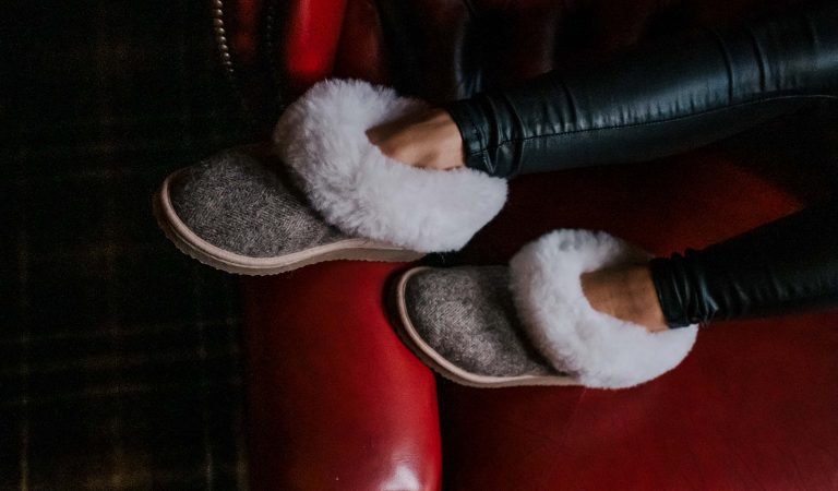 Tweed Slippers on leather sofa